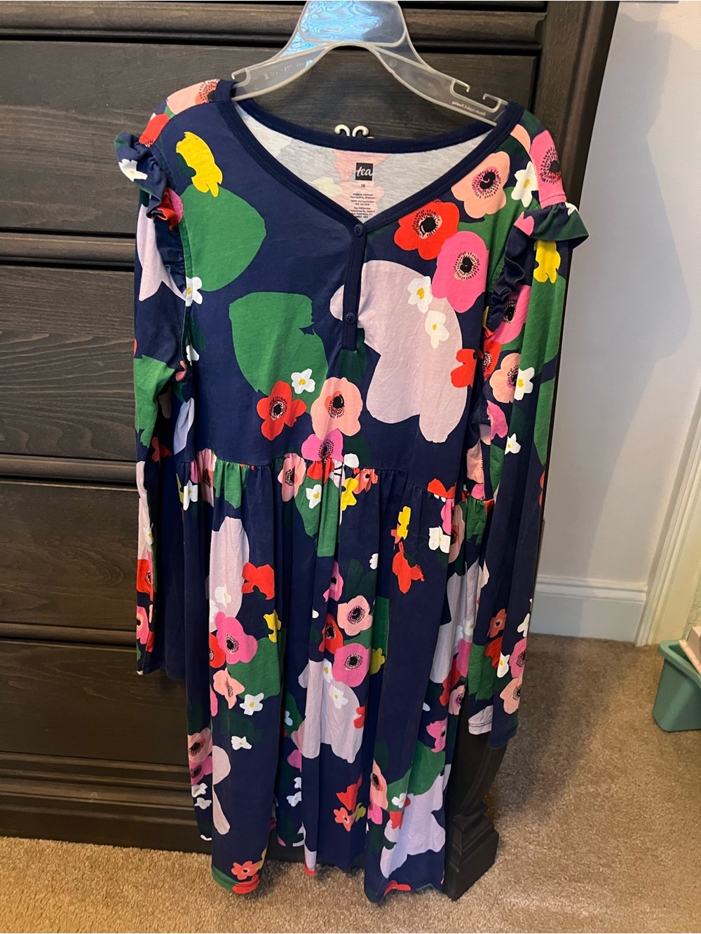 Tea Collection Girls 16 Long Sleeve Henley twirl Dress Scottish Painted Floral